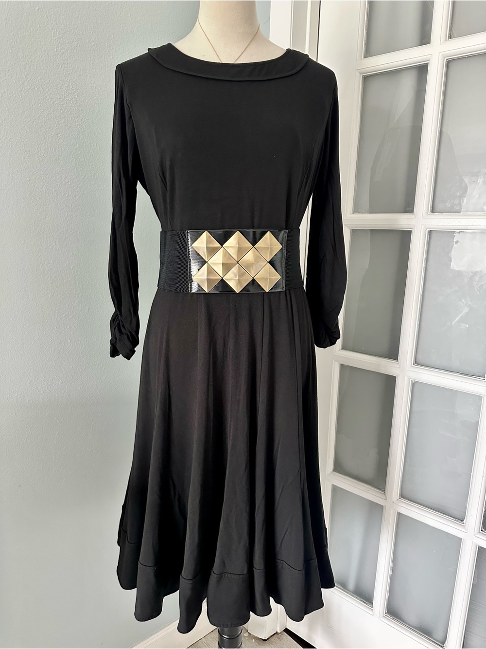 Nue by Shani Black Long-Sleeve Dress with Gold Pyramid Waist Accent